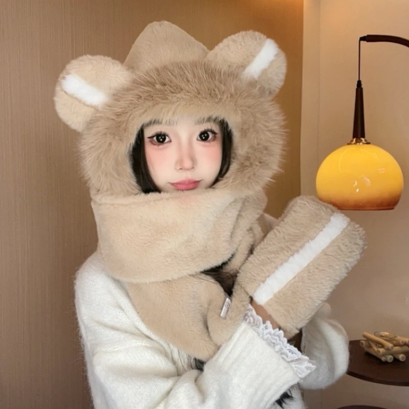 撞色小熊耳朵设计感百搭加绒加厚帽子围巾手套一体骑车保暖秋冬季