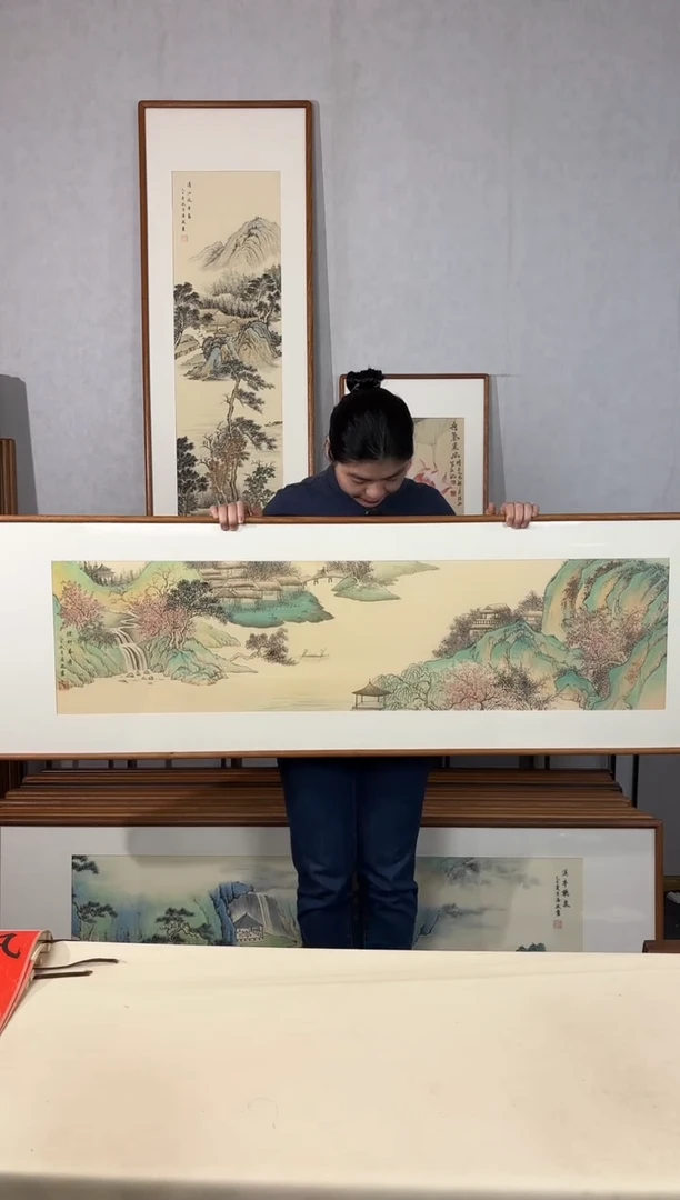 国画手绘*烟柳春舟*52*172cm带框发货