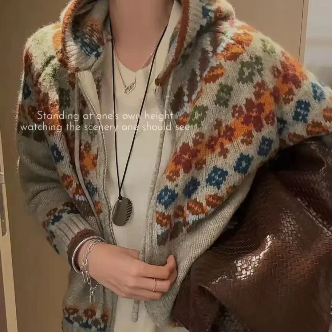 【Mona.专属】复古费尔岛提花毛衣外套女秋冬高级宽松韩系针织开衫