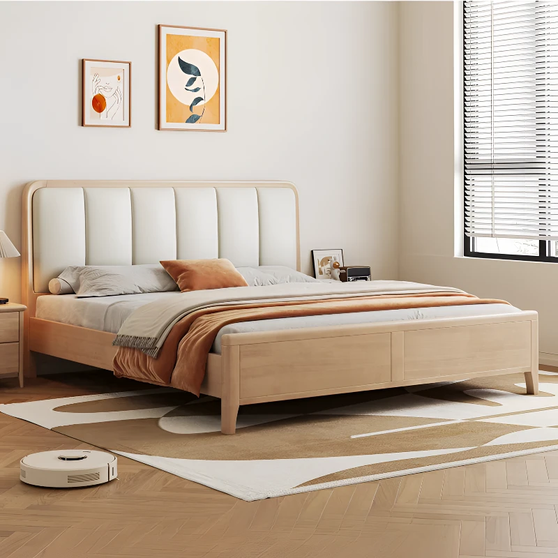 全实木现代简约1.8主卧大床1.2单人床轻奢原木真皮软包次卧双人床