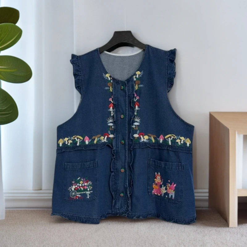 大码女装绣花牛仔马夹宽松120斤到260斤胖mm遮肉显瘦洋气减龄马甲