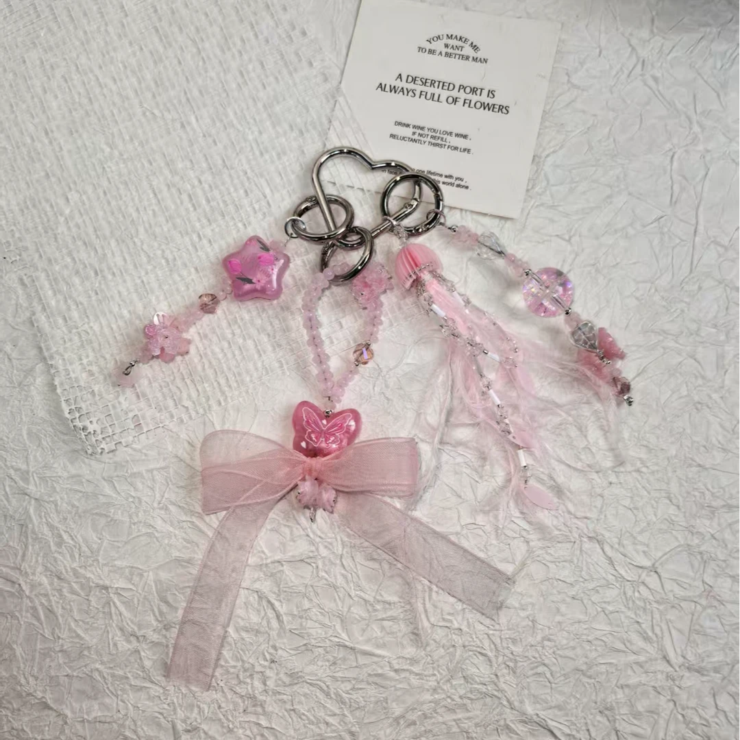 春季新款DIY手作A3123-粉色系蝴蝶结水母手机链