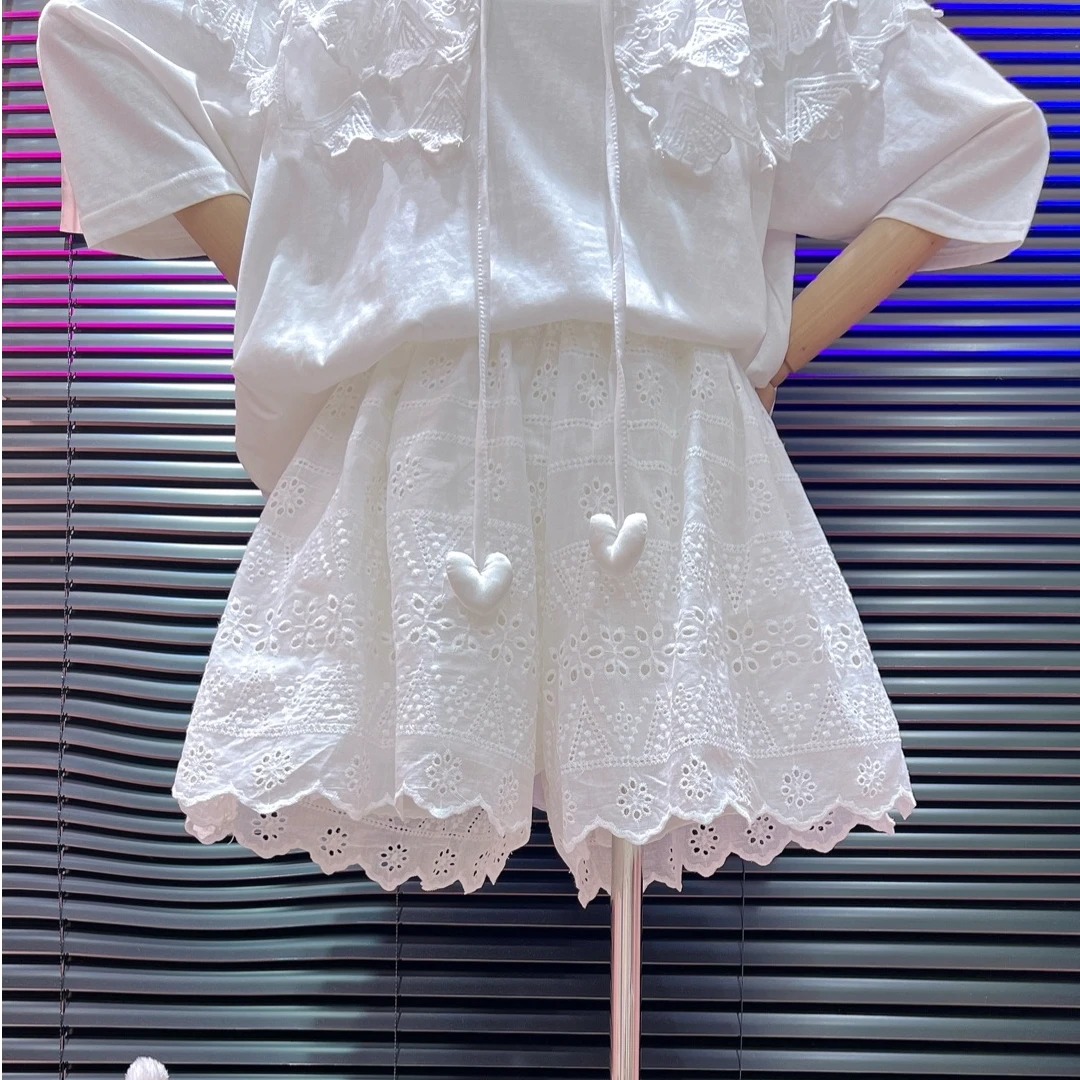 【纯熙+】16362夏季新款镂空花边蕾丝绣花短裤裙女韩版宽松百搭短裤