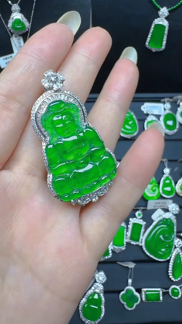 吊坠(不含链)银S925镶嵌翡翠纯天然A货翡翠菩萨吊坠