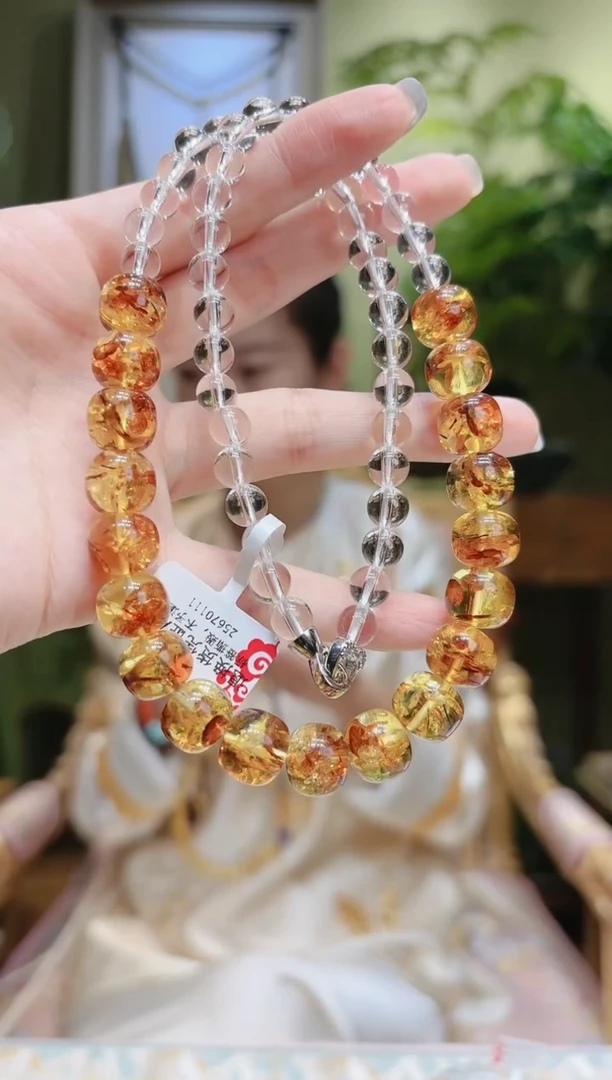 【闪购商品】琥珀裸石未镶嵌老型花珀白水晶项链