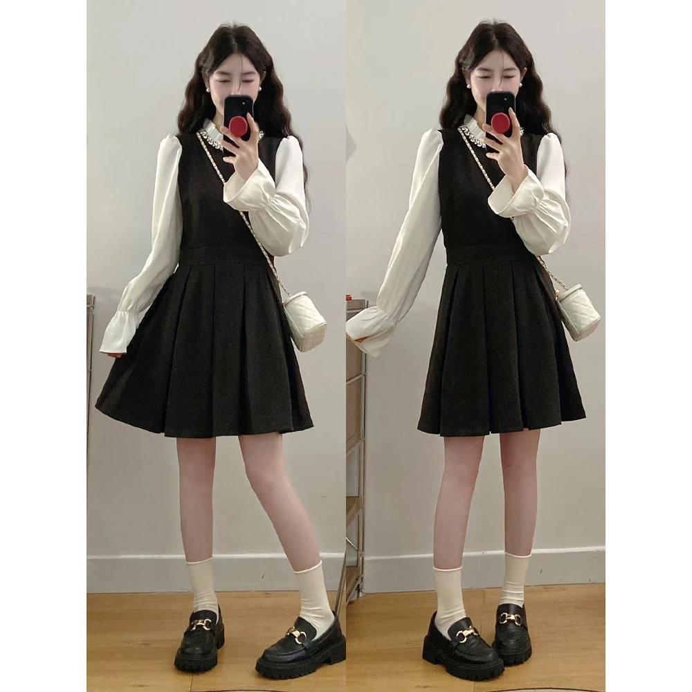 法式轻奢假两件背带连衣裙2025春季大码胖mm收腰显瘦衬衫裙百褶裙