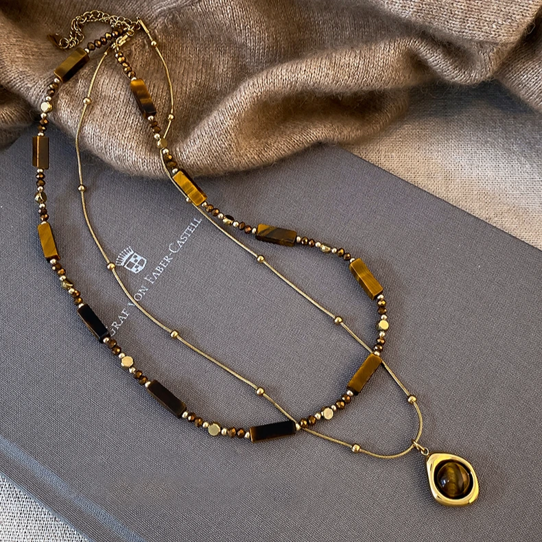 钛钢项链 两件套秋冬美拉德串珠虎眼石项链复古气质高级感毛衣链