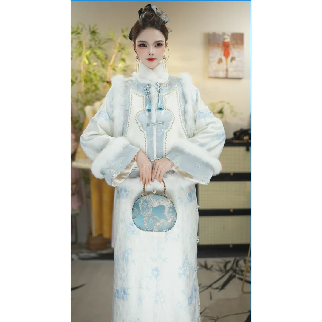 储秋2025冬季装时尚加绒中式雪里幽兰显瘦中长款套装（6978+6988