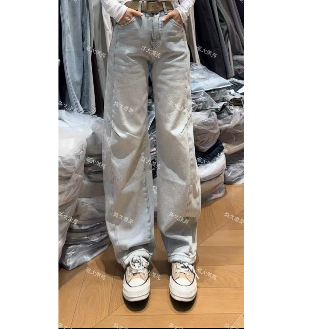 296#冬季新款加绒毛弯刀牛仔裤女慵懒风