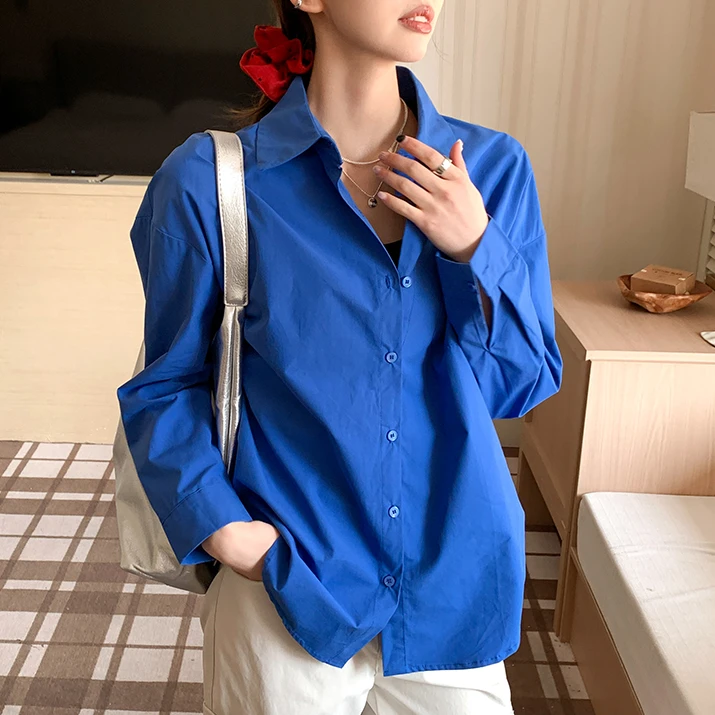 克莱因蓝色长袖衬衫女秋冬2025年新款高级感洋气衣服上衣宽松衬衣