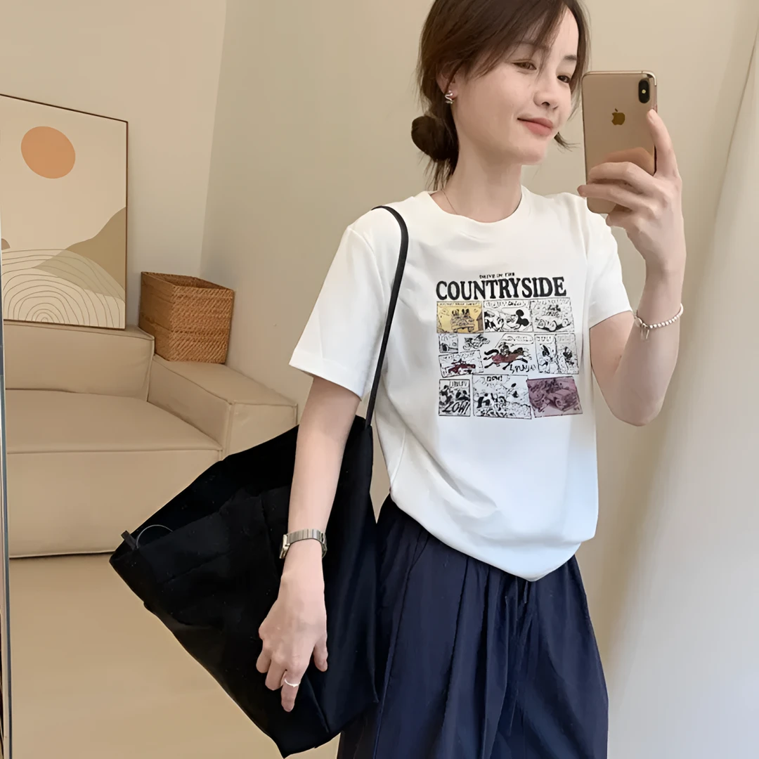 【卡通鼠】夏季短袖女t恤圆领正肩百搭半袖修身显瘦印花T恤上衣