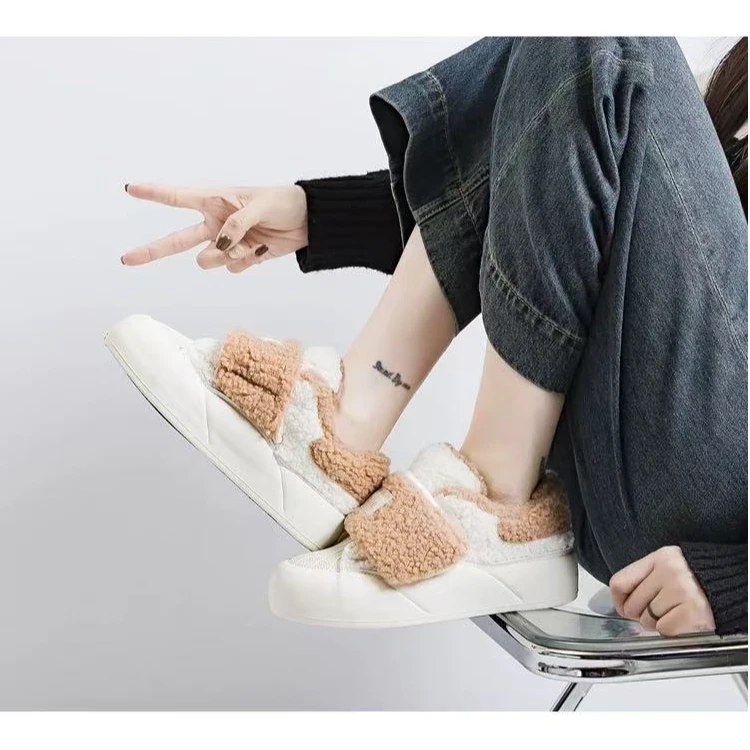 3298米棕魔术贴休闲板鞋女新款二棉鞋加绒保暖百搭厚底女鞋
