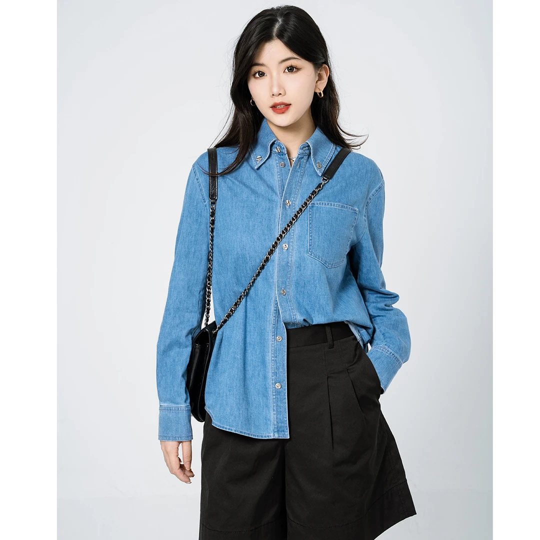 GIRDEAR/哥弟新款丹宁风百搭蓝色水洗长袖牛仔衬衫衬衣女 1300939