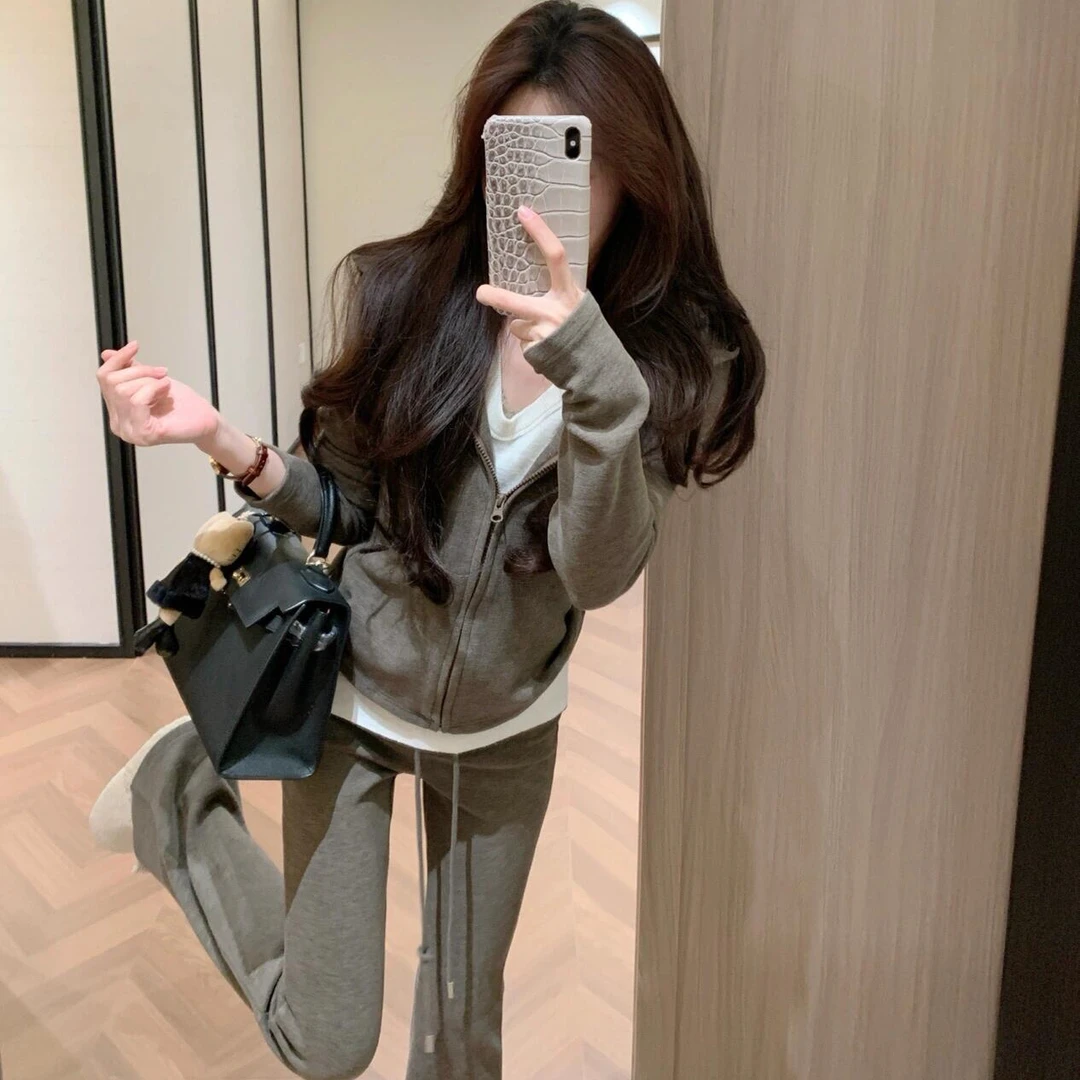 2025超火冬装一整套女韩系慵懒风休闲连帽拉链卫衣高腰卫裤两件套