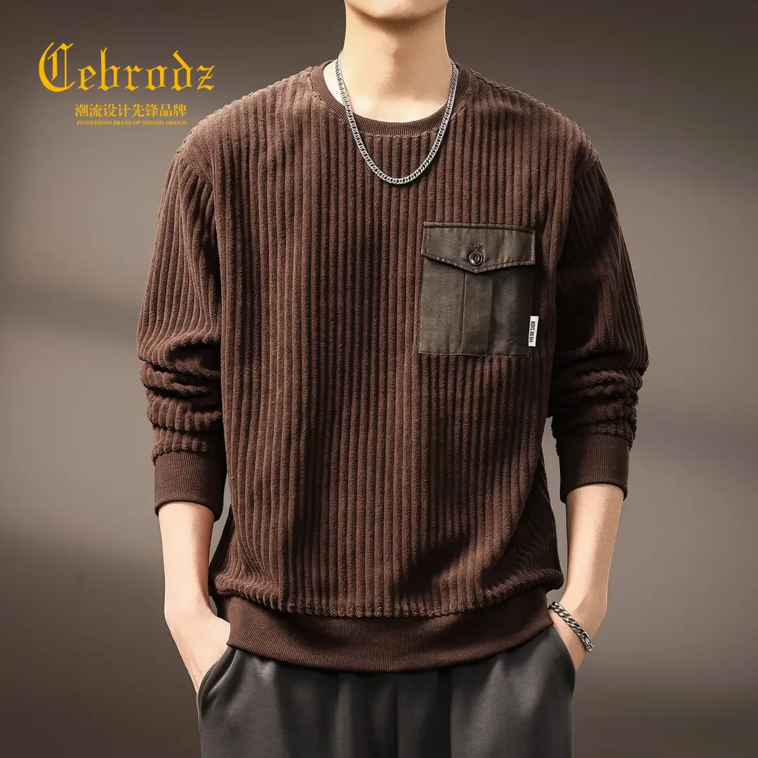 法国Cebrodz高端粗坑灯芯绒圆领卫衣男秋季新款潮牌拼接宽松休闲