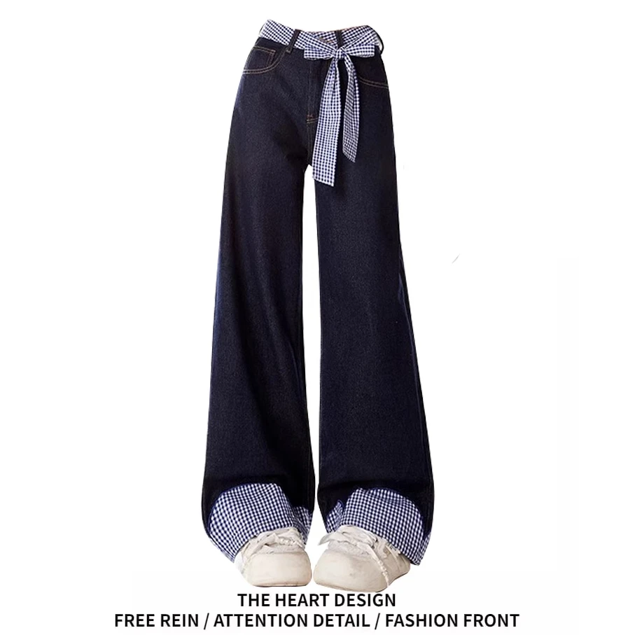 绑带格子拼接蝴蝶结牛仔裤女夏季新款设计感直筒高腰宽松阔腿裤子
