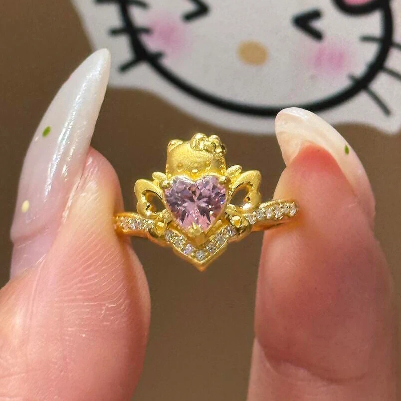 黄金kt猫戒指新款足金999蝴蝶结爱心戒情人节礼物送女友
