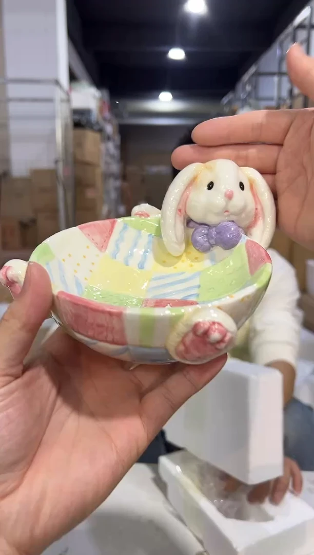瓷片绿色原盒兔子糖果碗