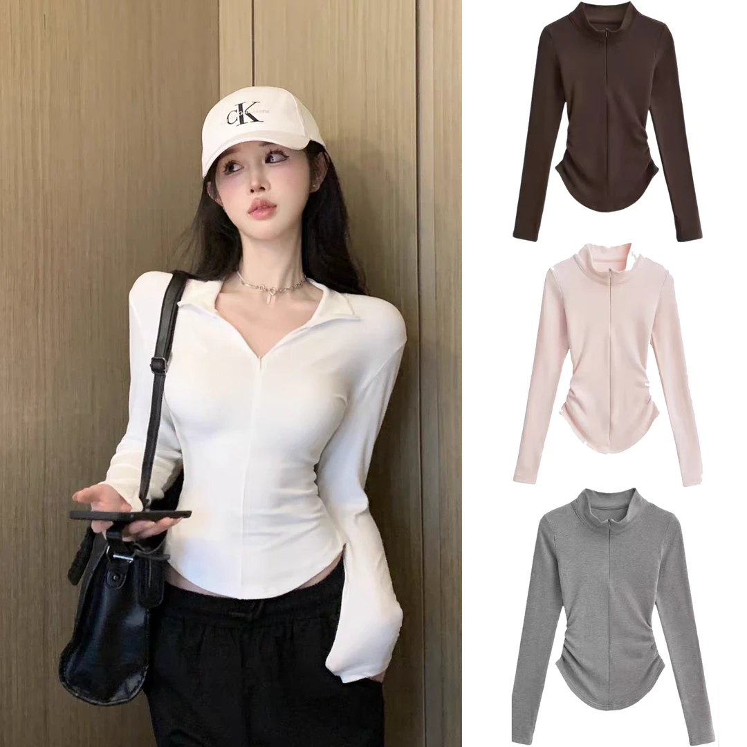 显身材天菜！半拉链长袖上衣女秋季修身显瘦收腰不规则打底衫女