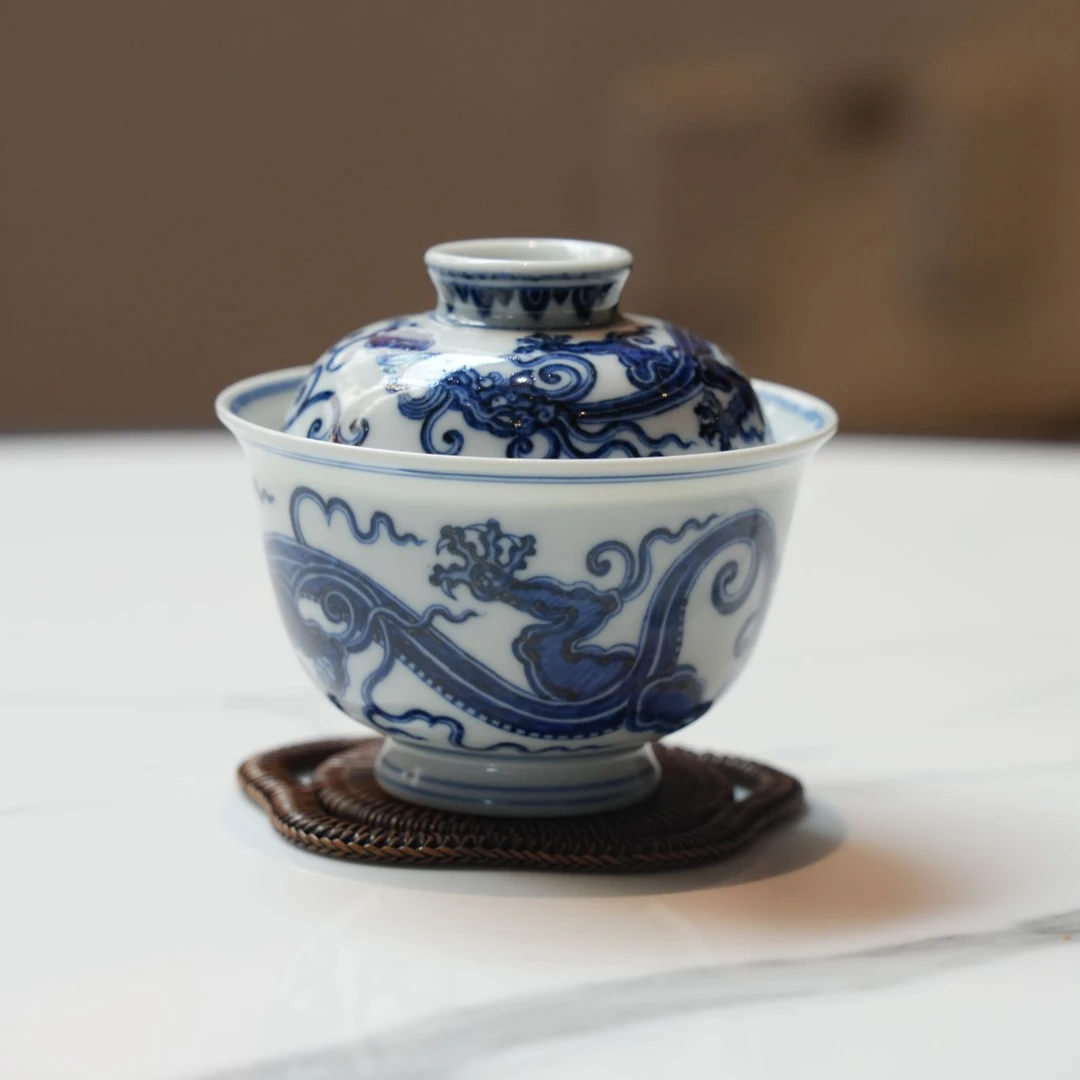 春风祥玉青花螭龙纹二才盖碗青瓷盖碗青瓷盖碗纯手工陶瓷中式