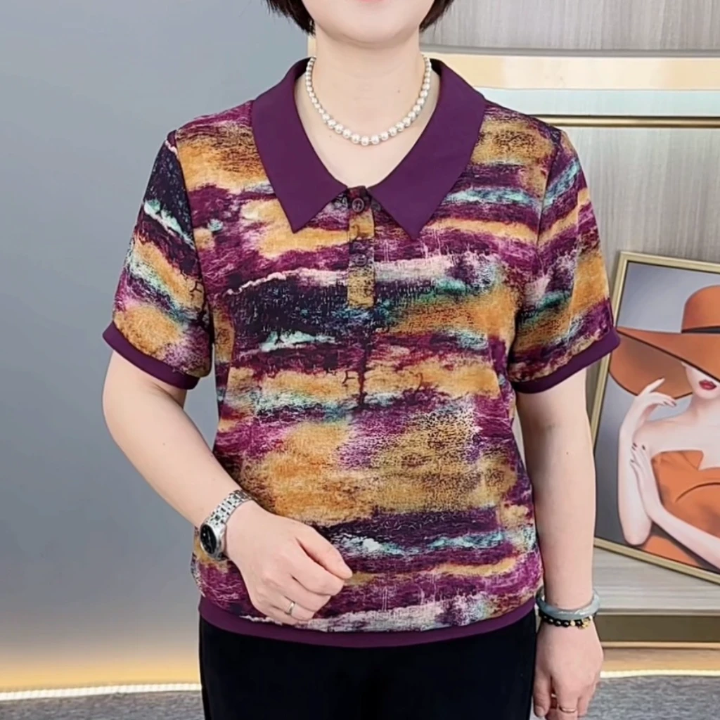 夏季新款精致娃娃领中老年气质妈妈装休闲百搭时尚短袖上衣H977