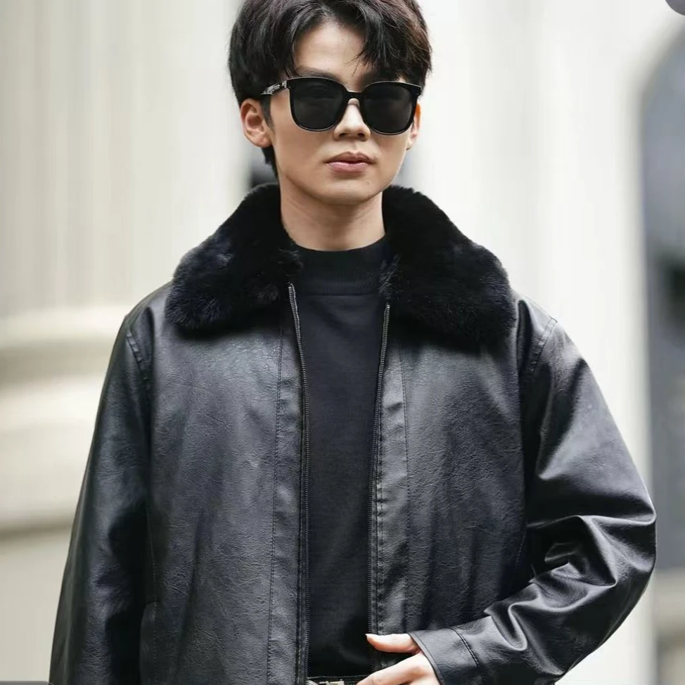 科技保暖男款定制皮料轻商务款毛领皮衣