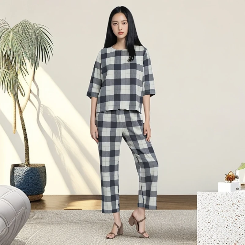 【女款七分袖九分裤】套头全棉双层纱宽松休闲女士春夏家居服睡衣