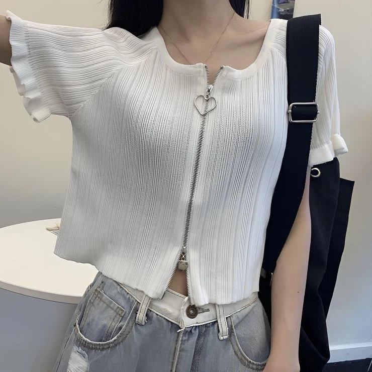 A167白色短袖T恤女2021新款韩版设计感小众拉链针织开衫短款冰丝