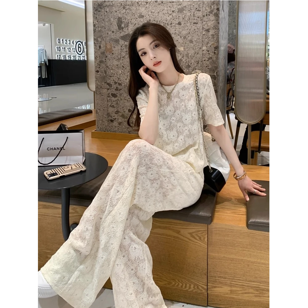 韩系夏日穿搭一整套减龄运动休闲高级感蕾丝镂空阔腿裤两件套装女