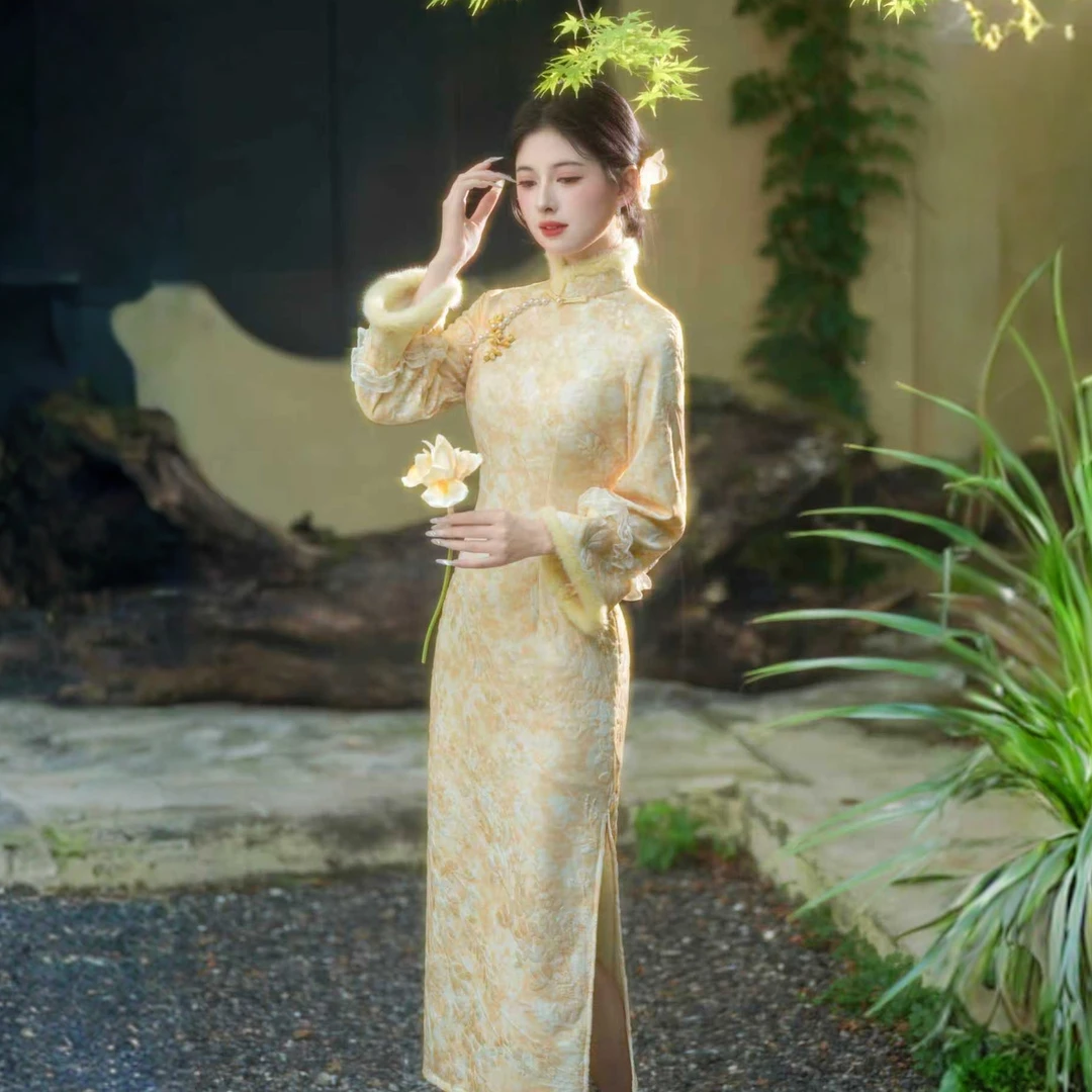 苏故里【菊篱秋醉】文艺气质修身高端日常旗袍奢华气质双层衣长120