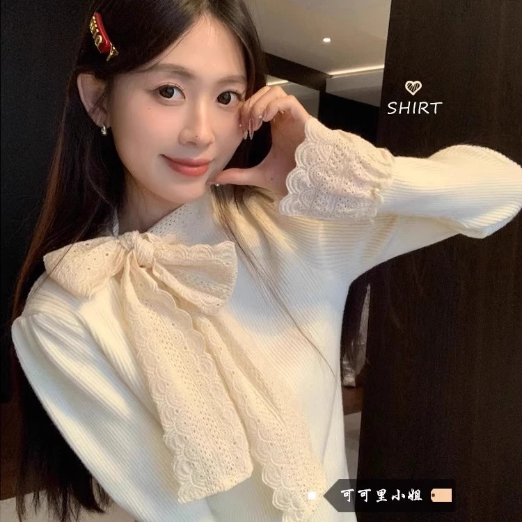 蕾丝花边甜美针织衫女2025秋冬新款法式温柔气质蝴蝶结长袖上衣潮