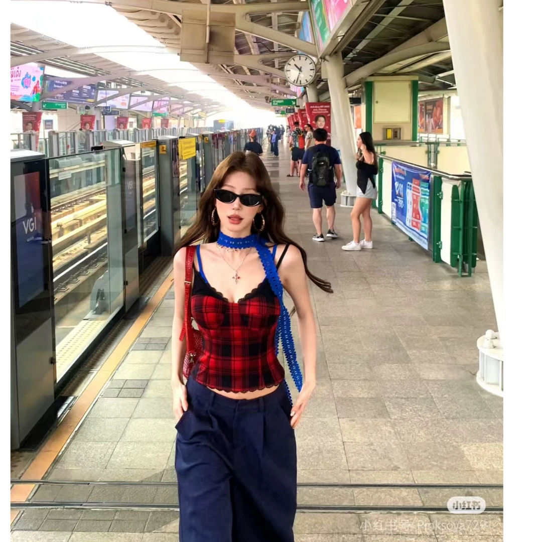 蕾丝拼接抹胸上衣束腰性感辣妹吊带打底背心百搭宽松阔腿裤套装潮