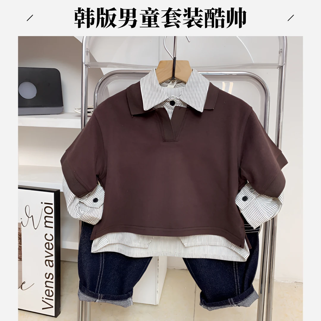 儿童潮帅个性套装男童春秋款韩系帅气马甲长袖衬衫牛仔裤三件套酷