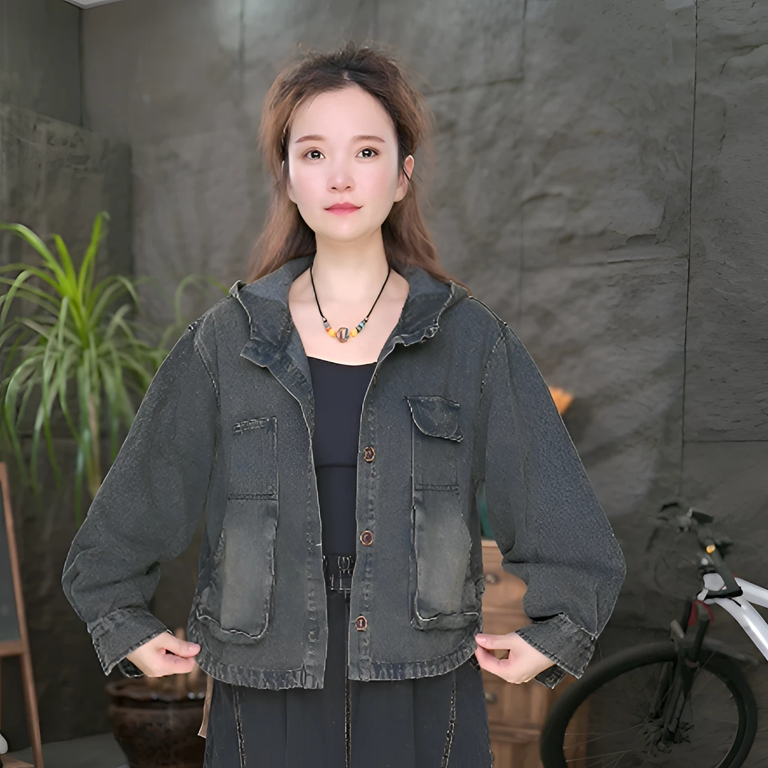 【连帽牛仔外套】秋装长袖连帽百搭宽松休闲牛仔衣复古女装QQ