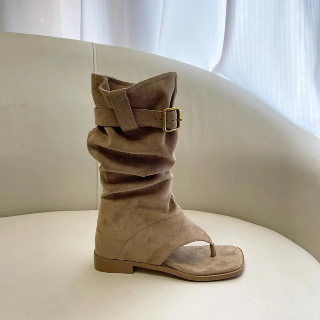 新款凉靴平底内增高夹趾靴夹脚凉鞋杏色绒面堆堆靴短靴子拖鞋外穿