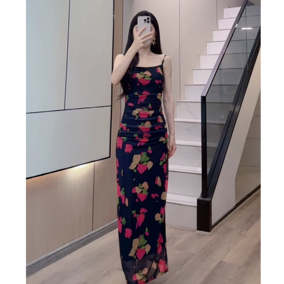 【两件套】夏季新款印花百搭复古修身开叉包臀时尚吊带连衣裙开衫