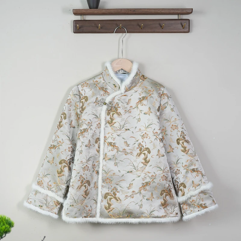 【织金棉服集】宋锦冬季日常时尚高级感中式夹棉水貂毛边外套