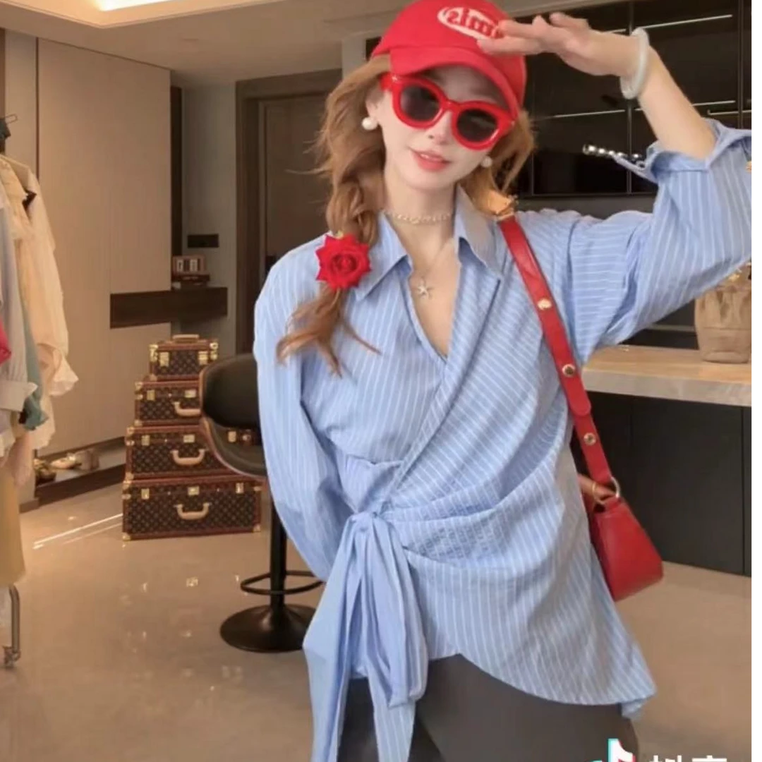 ZX6224韩版不规则收腰系带翻领条纹衬衫女2025春季新款长袖上衣