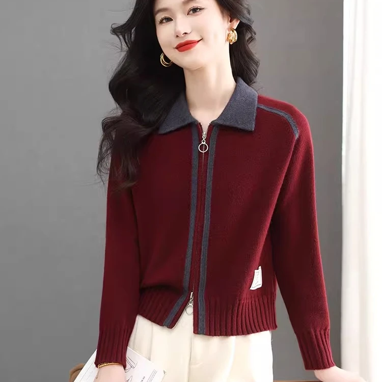 2025春秋新款毛衣外套女韩版宽松洋气百搭长袖拼色POLO领针织开衫