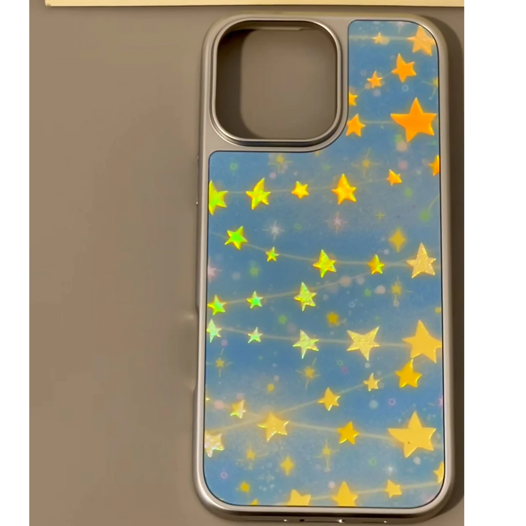 鎏金玻璃晕染蓝黄星星适用苹果16pro/iPhone15p/14手机壳13高级12