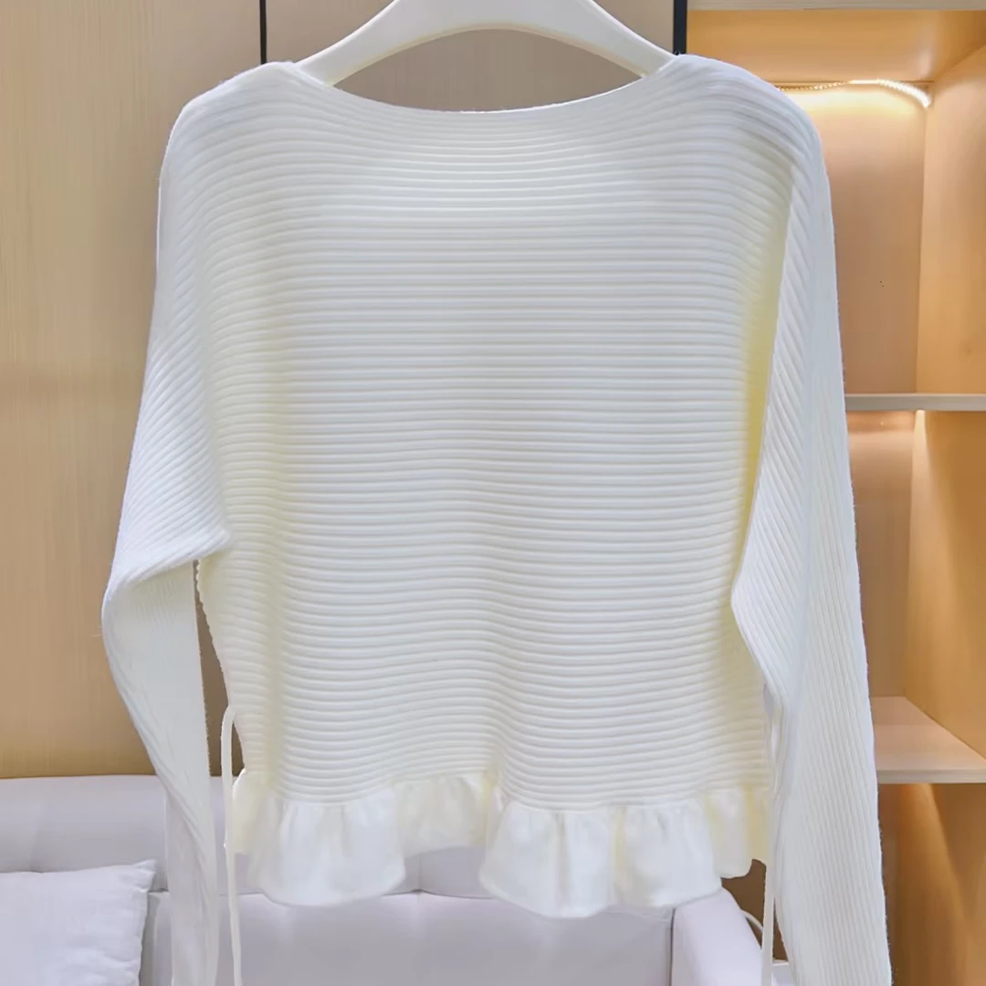 丨秋冬新款白色系带软糯荷叶边下摆设计感优雅温柔针织衫 5972