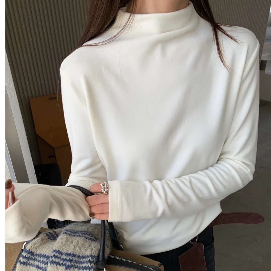 半高领白色加厚德绒打底衫韩系修身时尚保暖长袖t恤女上衣