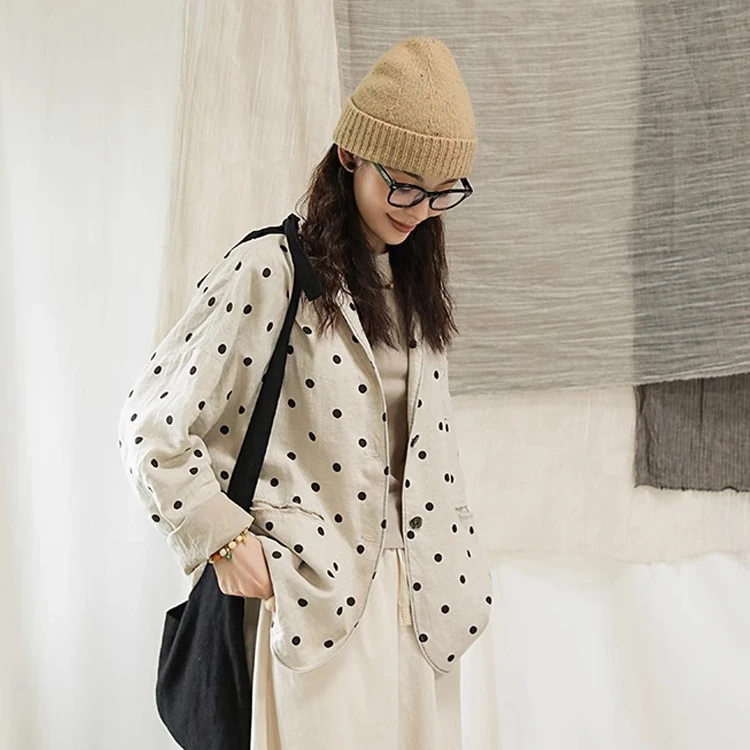 汉麻雨露麻女装秋新品波点印花布休闲文艺双层西装外套2024422