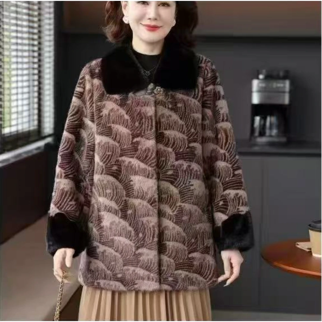 中长款时尚高档加厚毛领仿皮草皮毛一体外套国风冬季大衣妈妈装