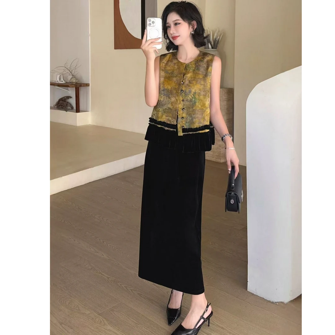 高级感晕染绿色提花新中式马甲女2025早秋季下摆丝绒拼接外穿坎肩