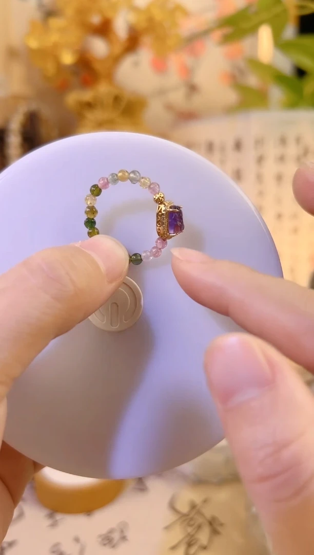 银S925镶嵌戒指碧玺碧玺紫水晶貔貅戒指