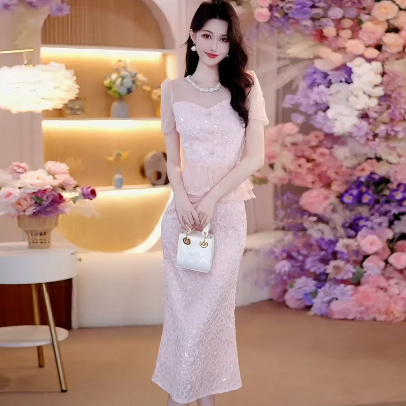 2025夏季新款气质蕾丝修身显瘦法式名媛设计师轻奢短袖连衣裙6201