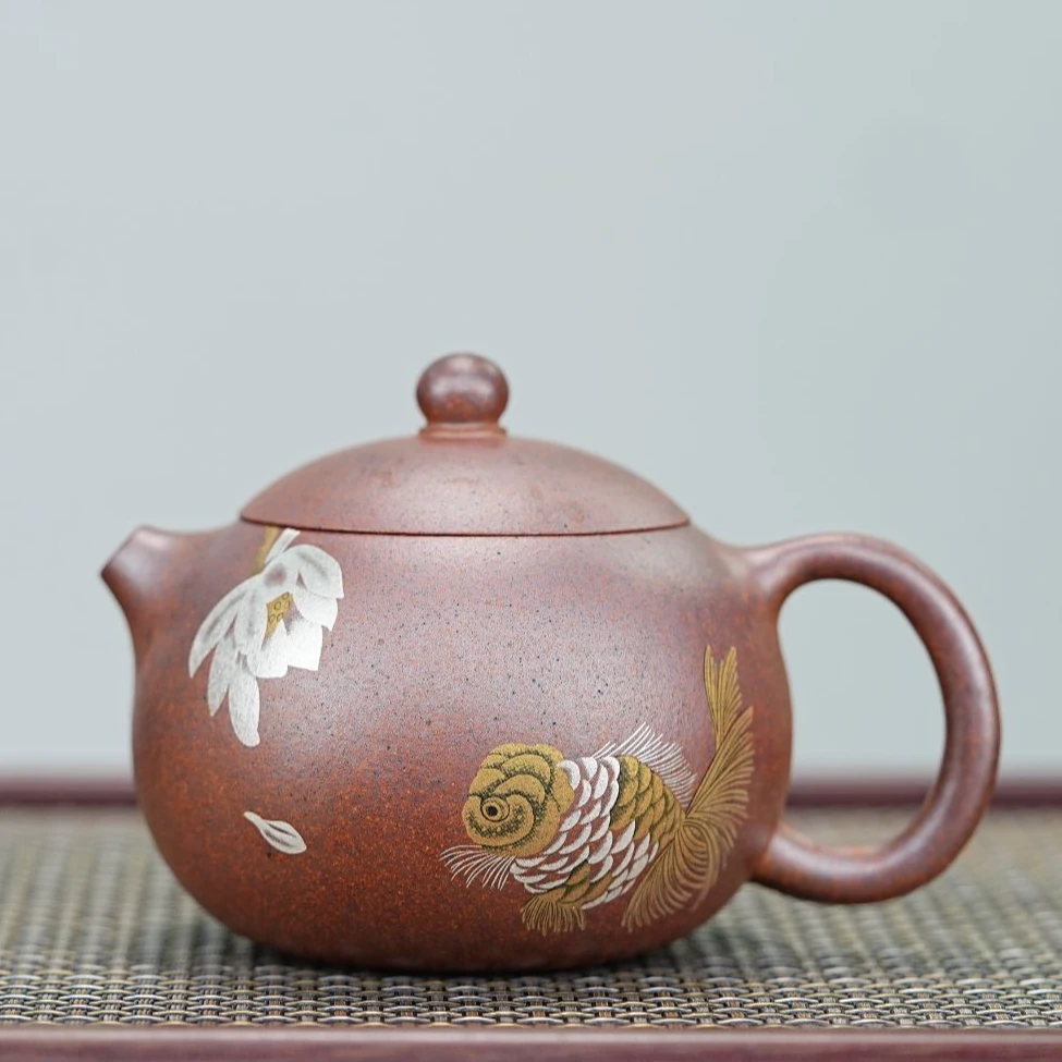 宜兴原矿紫砂壶 龙窑柴烧 黑墩头 描金银 金鱼西施壶 紫砂壶