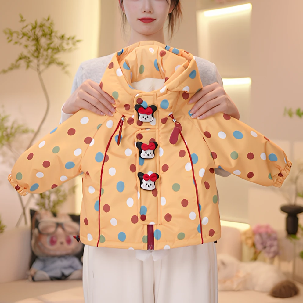 女童夹棉加厚卡通圆点连帽冲锋衣秋冬2025新款洋气女孩时髦外套潮