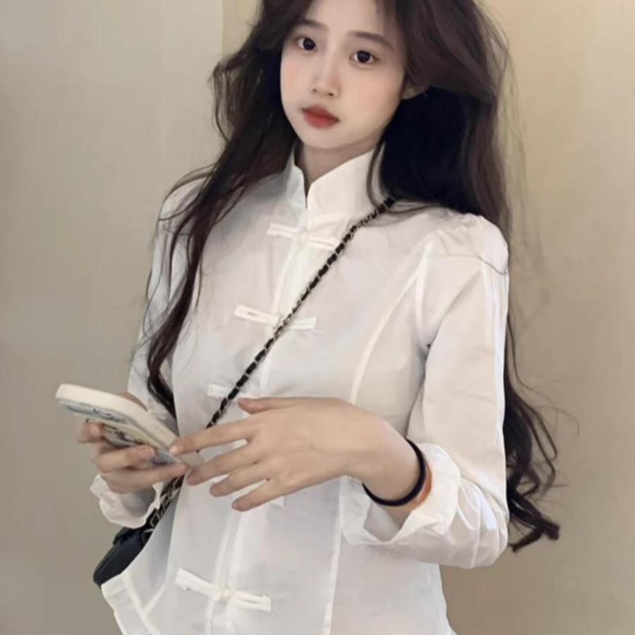 新中式国风盘扣纯色长袖衬衫女气质时尚2025夏设计感小众上衣清仓